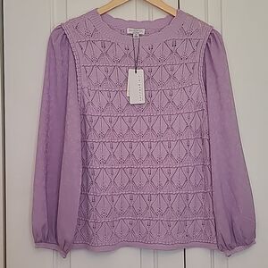 CURRENT AIR Long Sleeve Woven Textural Sweater Knit Top Lavender Size M